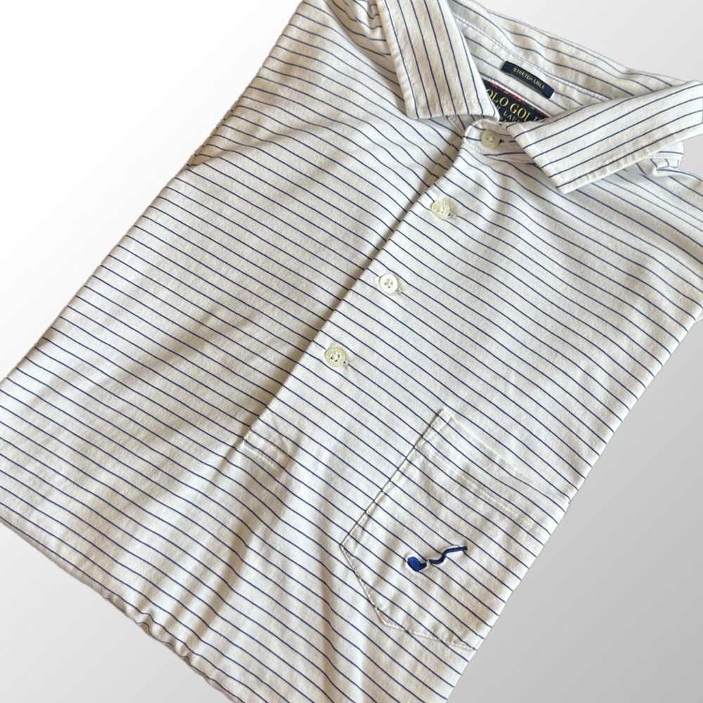 Polo Golf Ralph Lauren‎ Polo Mens XL White Navy Striped Crooked Stick Golf Club